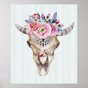 Tribal Bull Skull & Roze Waterverven Flowers Poster