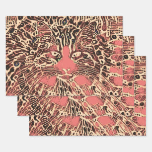 Tribal Cute Tabby Cat Pink Brown Hippie Mosaic Art Inpakpapier Vel