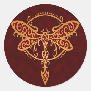 Tribal Dragonfly, Gouden Rood Ronde Sticker