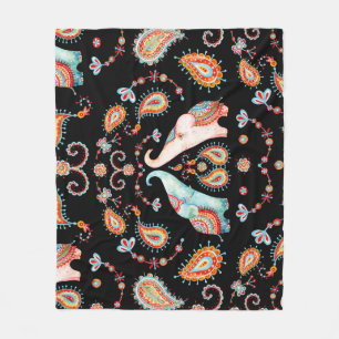 Tribal Elephant: Waterverf Paisley Pattern. Fleece Deken