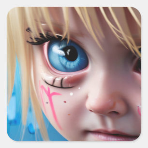 Tribal Kinder   Blond Meisje Big Blue Eyes Vierkante Sticker