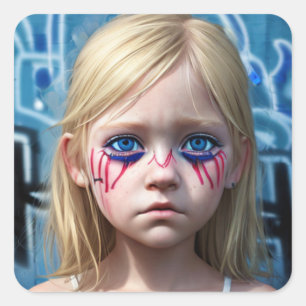 Tribal Kinder   Futuristisch Blond Meisje Big Blue Vierkante Sticker