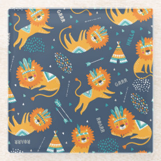 Tribal Lions Cartoon naadloos patroon Glazen Onderzetter