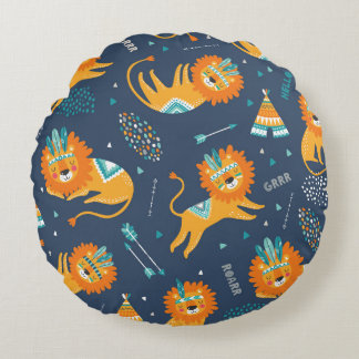 Tribal Lions Cartoon naadloos patroon Rond Kussen