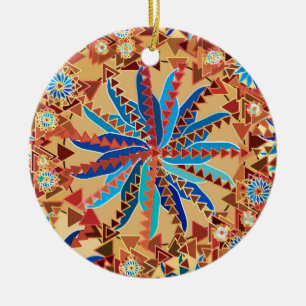 Tribal Mandala Print, Camel Tan en Denim Blue Keramisch Ornament
