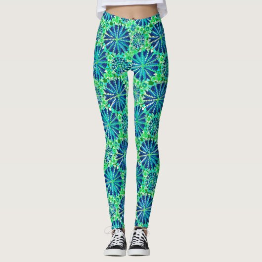 Tribal Mandala Print, Cobalt Blue en Green Leggings (Voorkant)