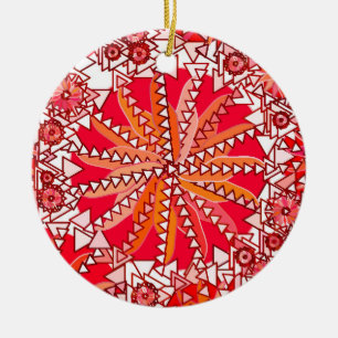 Tribal Mandala Print, Coral Red en White Keramisch Ornament