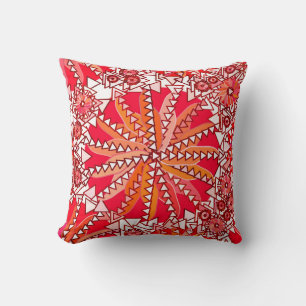 Tribal Mandala Print, Coral Red en White Kussen