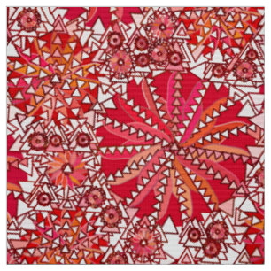 Tribal Mandala Print, Coral Red en White Stof