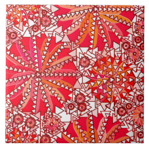 Tribal Mandala Print, Coral Red en White Tegeltje