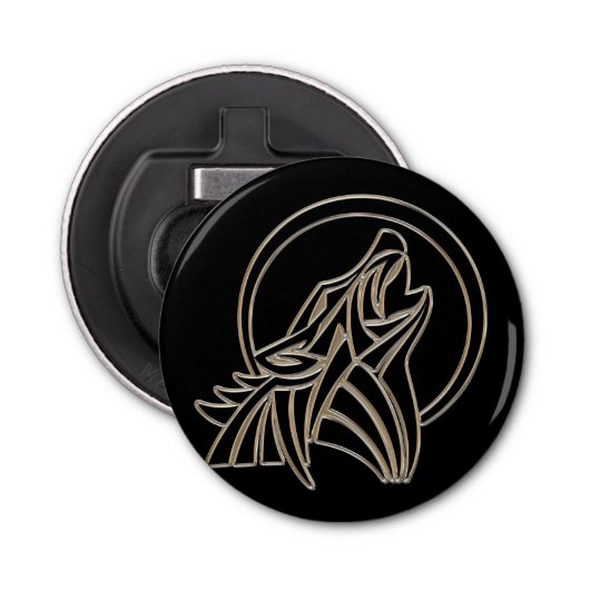 Tribal Metallic Howling Wolf Emblem Button Flesopener (Voorkant)