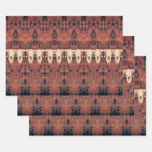 Tribal Pattern Rust Oranje Bull Koe Schedel Inpakpapier Vel