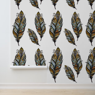 Tribal Peacock-geïnspireerde Feather Artistic Wall Behang