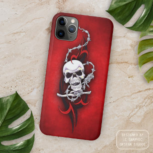 Tribal Skull Barbed Wire Red Grunge Tattoo iPhone 11 Pro Max Hoesje