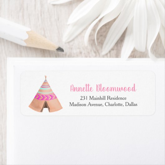Tribal Teepee Roze Baby shower Etiket (Insitu)