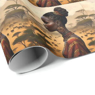 Tribal vrouw kijken over haar Afrikaanse landschap Cadeaupapier