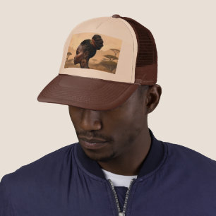 Tribal vrouw kijken over haar Afrikaanse landschap Trucker Pet