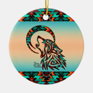 Tribal Wolf Ceramic Ornament