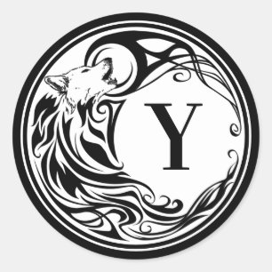 Tribal Wolf Monogram Ronde Sticker