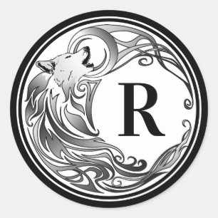 Tribal Wolf - Shaded Monogram Ronde Sticker
