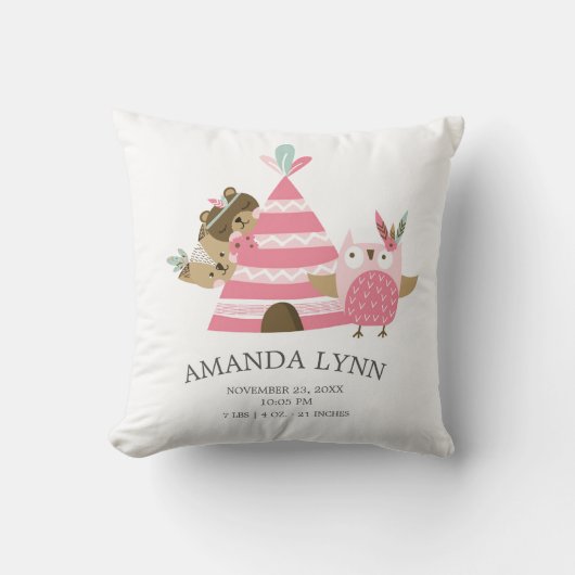 Tribal Woodland Animals Baby Birth Stats Coussin (Recto)