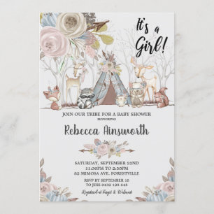 Tribal Woodland Animals Baby Girl Shower Floral Kaart
