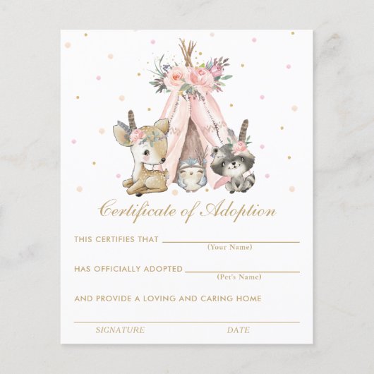 Tribal Woodland Animals Certificate of Adoption (Voorkant)
