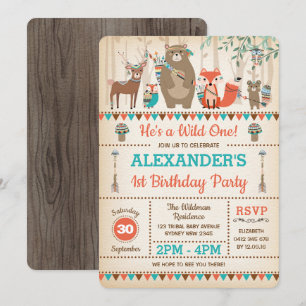 Tribal Woodland Animals Wild One 1st Birthday Kaart