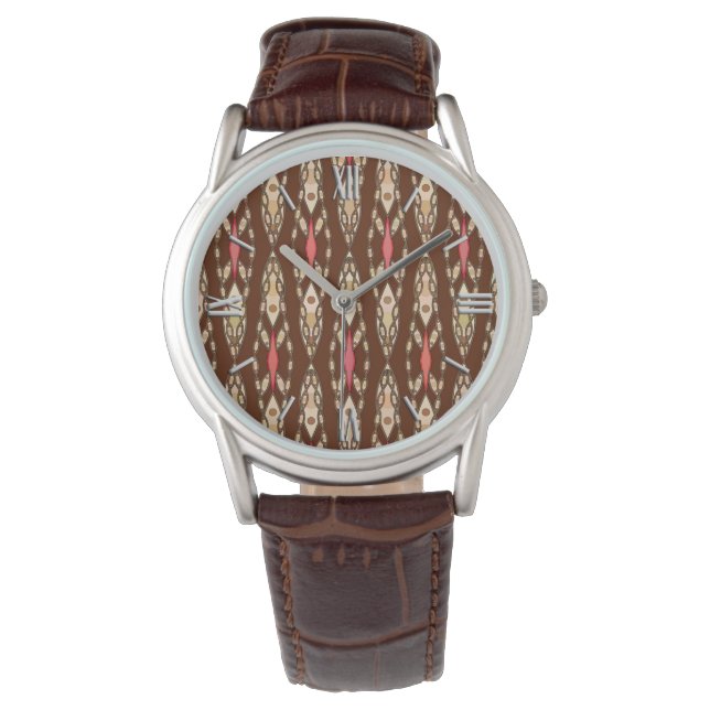 Tribale batik - Bruin, Tan en Koraal Horloge (Voorkant)
