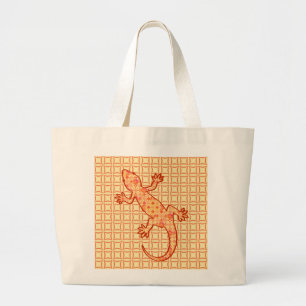 Tribale batik Gecko - koraal en licht sinaasappel Grote Tote Bag