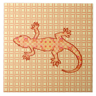 Tribale batik Gecko - koraal en licht sinaasappel Tegeltje