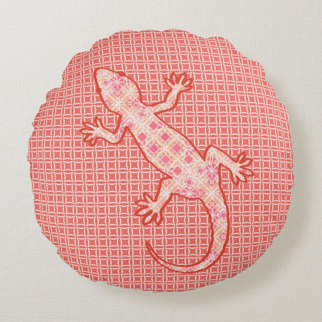 Tribale batik Gecko - koraalroze en crème Rond Kussen (Voorkant)