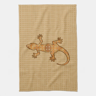 Tribale batik Gecko - roest, ambergeel en geelbrui Theedoek