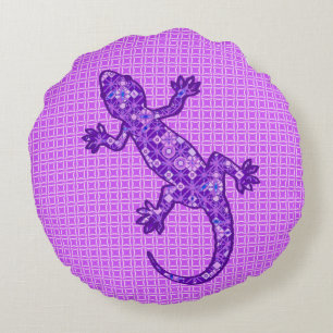 Tribale batik Gecko - violet en amethisch paars Rond Kussen