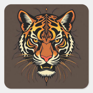🐅 Tribale Tijger Gezicht Krachtig Patroon Dier Ku Vierkante Sticker