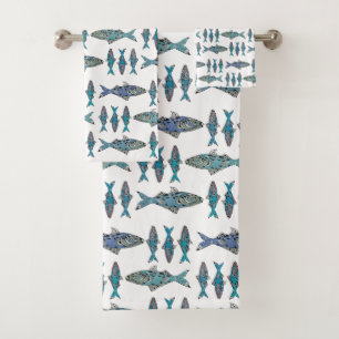 Tribale vis blauw groen modern grafisch ontwerp bad handdoek