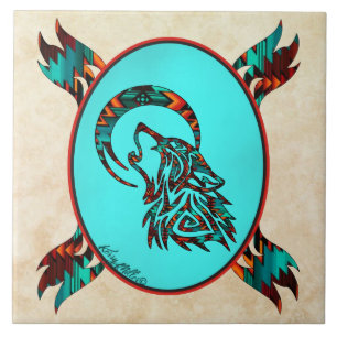 Tribale Wolf die naar de moonkeramische Tegel spri Tegeltje