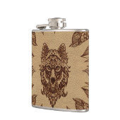 Tribale Wolf en veren leder, ingegraveerd, met inp Heupfles (Links)