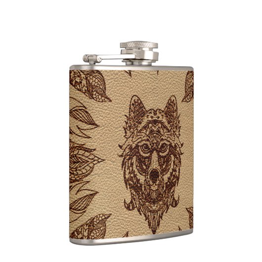 Tribale Wolf en veren leder, ingegraveerd, met inp Heupfles (Rechts)