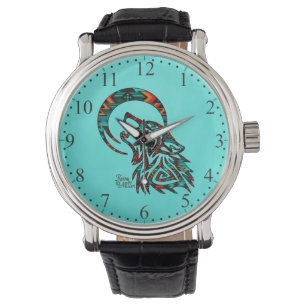 Tribale Wolf Howling bij Moon Watch Horloge