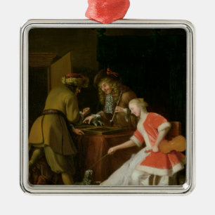 Tric-trac-spelers met een dame en haar hond metalen ornament
