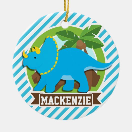 Triceratops dinosaurus; hemelsblauw & witte strepe keramisch ornament (Voorkant)