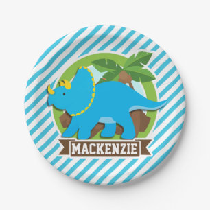 Triceratops dinosaurus; hemelsblauw & witte strepe papieren bordje