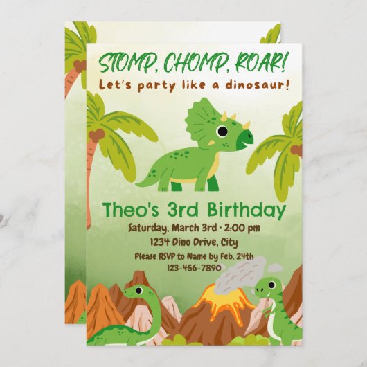 Tricératops Invitation d'anniversaire (Devant / Derrière)