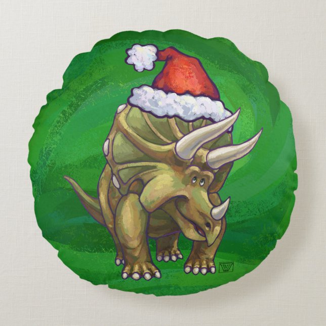 Triceratops kerstgroen rond kussen (Voorkant)