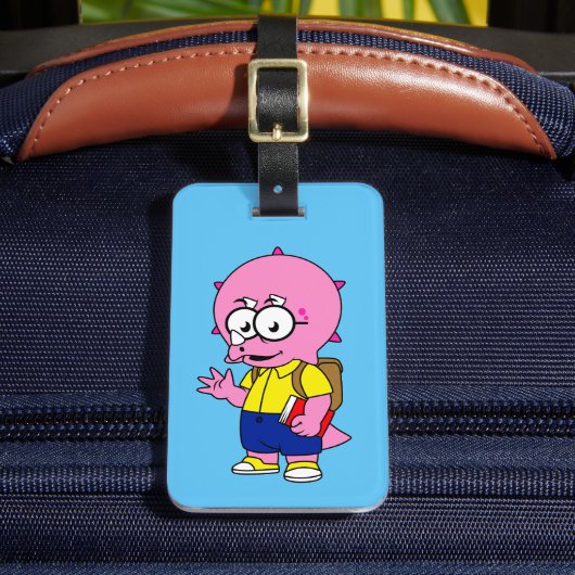 Triceratops Nerd met rugzak en handboek. Bagagelabel (Voorkant Insitu 2)