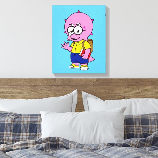 Triceratops Nerd met rugzak en handboek. Canvas Afdruk (Insitu (Slaapkamer))