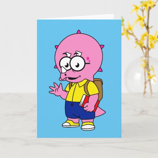 Triceratops Nerd met rugzak en handboek. Kaart (Gele Bloem)