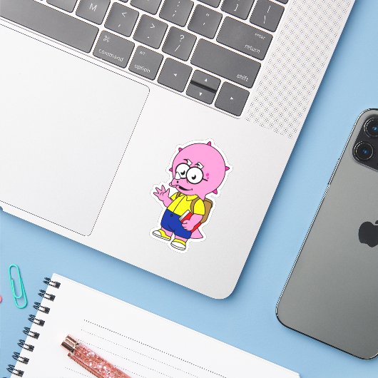 Triceratops Nerd met rugzak en handboek. Sticker (Laptop met iPhone)