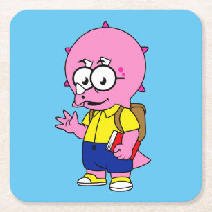 Triceratops Nerd met rugzak en handboek. Vierkante Kartonnen Onderzetter